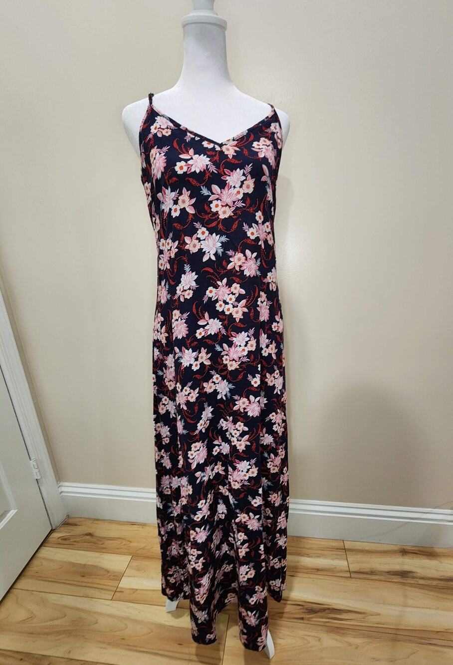 LOFT Maxi Dress Womens 2 Navy Blue Floral Paisley Print Spaghetti Strap V-Neck